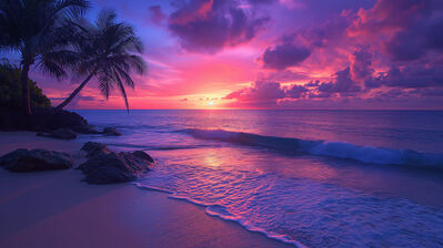 دانلود والپیپر ساحل و غروب Beach Ocean Waves Sunset Clouds Scenery