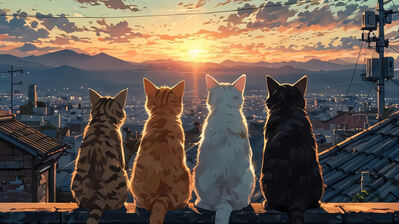 دانلود والپیپر گربه‌ها و طلوع آفتاب انیمه Cats Sunrise Anime Scenery