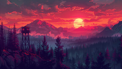 دانلود والپیپر منظره برج مراقبت آتش و جنگل Fire Lookout Tower Forest Sunset Scenery