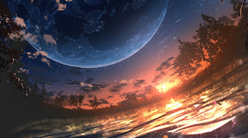دانلود والپیپر افق غروب انیمه و سیاره Sunset Anime Planet Scenery Horizon