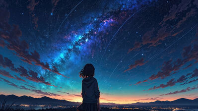 دانلود والپیپر دختر تنها و آسمان پرستاره Alone Anime Girl Starry Night