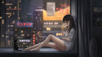 دانلود والپیپر دختر انیمه نوشیدنی با گربه Anime Girl Drinking with Cat