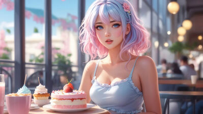 دانلود والپیپر دختر انیمه زیبا با کافه کیک Beautiful Anime Girl Cake Cafe