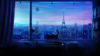 دانلود والپیپر انیمه گربه و منظره شب شهر Cat City Night Scenery Anime