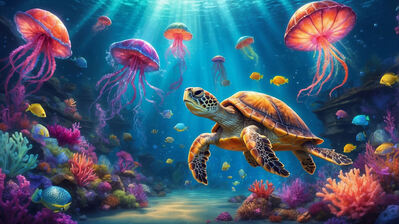 دانلود والپیپر مرجان‌های رنگی زیر آب لاک‌پشت و چتر دریایی Colorful Corals Underwater Turtle Jellyfish