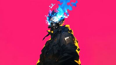 دانلود والپیپر سایبرپانک پسر نقاب‌دار چشم آتش Cyberpunk Mask Boy Burning Eyes
