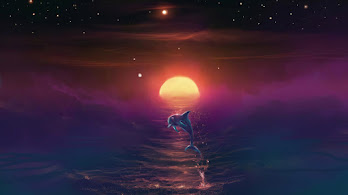 دانلود والپیپر دیجیتال آرت دلفین و غروب Sunset Dolphin Jumping Ocean Scenery