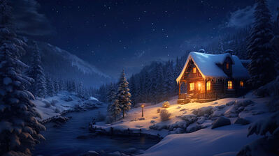 دانلود والپیپر کلبه زمستانی جنگل برفی شب Winter Cabin Snow Forest Night Scenery