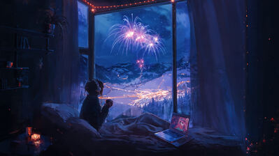 دانلود والپیپر آتش‌بازی شب تنهایی Alone Night Fireworks