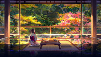 دانلود والپیپر دختر انیمه کیمونو منظره جنگل Anime Girl Kimono Forest Scenery
