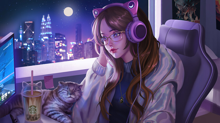 دانلود والپیپر دختر انیمه لوفی گربه Anime Girl Lofi Cat