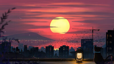 دانلود والپیپر انیمه گربه و غروب شهر Cat Sunset City Scenery Anime Art