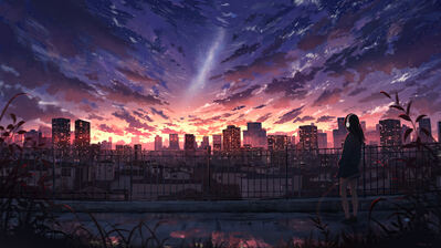 دانلود والپیپر غروب شهر با دختر انیمه تنها Sunset Scenery City Buildings Anime Girl Alone