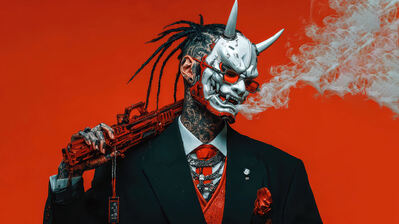 دانلود والپیپر یاکوزا ماسک اونی سیگار سایبرپانک Yakuza Oni Mask Smoking Cyberpunk