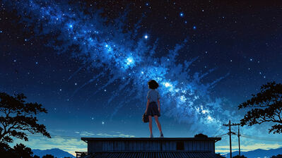 دانلود والپیپر دختر انیمه تنها زیر آسمان شب Anime Girl Alone Night Sky Stars Milky Way