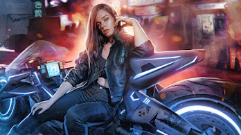 دانلود والپیپر دختر سایبرپانک موتور علمی تخیلی Cyberpunk Girl Motorcycle Sci-Fi