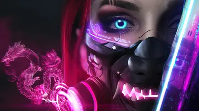 دانلود والپیپر دختر سایبرپانک با ماسک اونی Cyberpunk Girl Oni Mask
