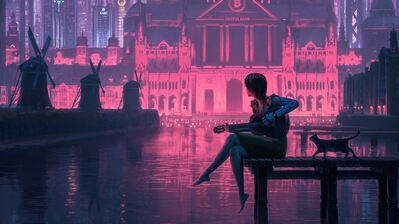 دانلود والپیپر دختر سایبرپانک با گیتار و گربه Cyberpunk Girl Playing Guitar with Cat