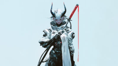 دانلود والپیپر دختر انیمه دیو سایبرپانک رزمنده Demon Anime Girl Cyberpunk Warrior