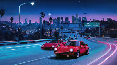 دانلود والپیپر ماشین فراری و شب هالیوود Ferrari Car Road Hollywood Night City Scenery