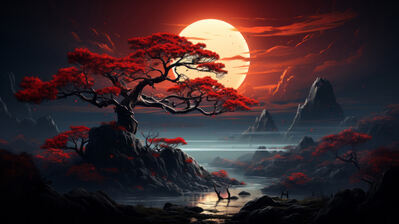 دانلود والپیپر ماه کامل درخت ژاپنی آسمان شب Full Moon Japanese Tree Night