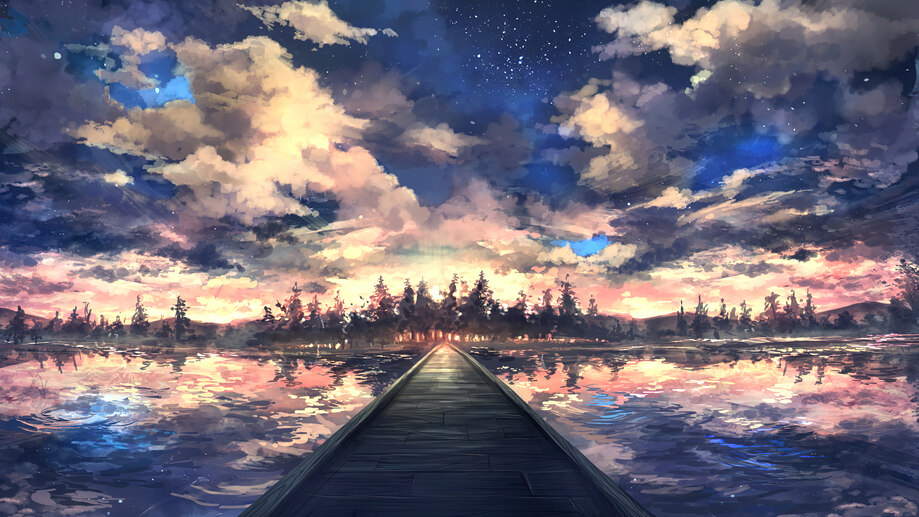 دانلود والپیپر شب ابری پل و منظره Night Sky Clouds Bridge Scenery