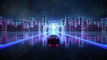 دانلود والپیپر ماشین سینت‌ویو Synthwave Night City Car Digital Art