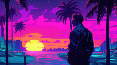 دانلود والپیپر ویپروِیو غروب اقیانوس و درخت نخل Vaporwave Sunset Ocean Palm Tree