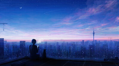 دانلود والپیپر دختر انیمه گربه و طلوع خورشید شهر Anime Girl Cat Sunrise City Scenery