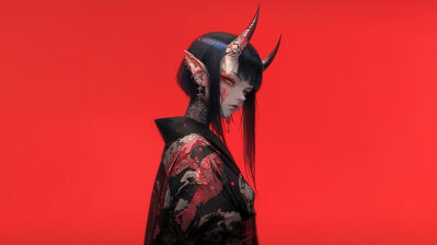 دانلود والپیپر دختر انیمه کیمونو با شاخ Anime Girl Kimono Demon Horn
