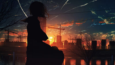 دانلود والپیپر سیلوئت دختر انیمه در غروب شهر Anime Girl Silhouette Sunset City