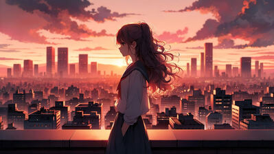 دانلود والپیپر دختر انیمه دانش‌آموز شهر غروب Anime Girl Student School Uniform City Sunset
