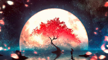 دانلود والپیپر منظره شب انیمه ماه کامل و شکوفه گیلاس Anime Night Scenery Full Moon Cherry Blossom