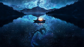 دانلود والپیپر منظره انیمه دریاچه و شب Anime Scenery Lake Night Stars