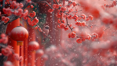 دانلود والپیپر شکوفه گیلاس و پرنده صورتی Cherry Blossom Pink Bird