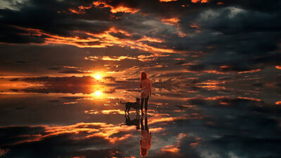 دانلود والپیپر منظره غروب دختر با سگ Sunset Horizon Scenery Girl with Dog
