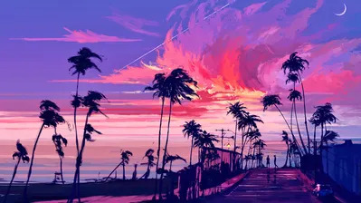 دانلود والپیپر دیجیتال آرت منظره غروب آفتاب Sunset Illustration Digital Art Scenery