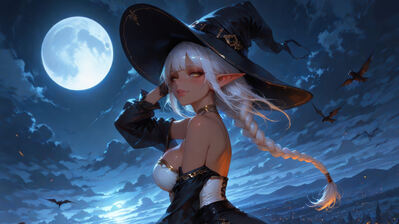 دانلود والپیپر جادوگر الف دختر انیمه شب ماه کامل Witch Elf Anime Girl Flying Night Full Moon
