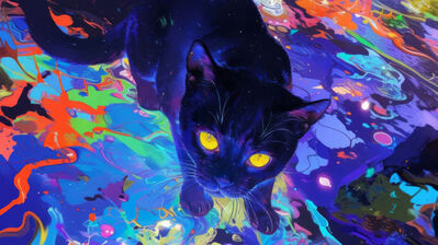دانلود والپیپر گربه سیاه و کفپوش رنگی Black Cat Colorful Floor