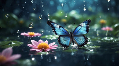 دانلود والپیپر پروانه قطره بارون گل Butterfly Rain Drop Flowers