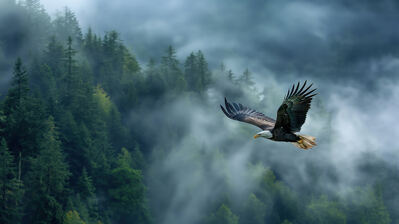 دانلود والپیپر عقاب در حال پرواز جنگل مه آلود Eagle Flying Forest Fog