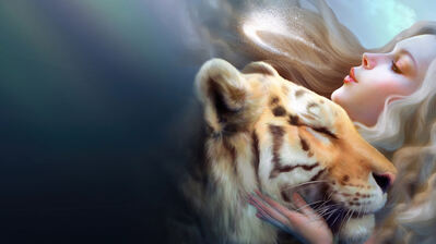 دانلود والپیپر دختر فانتزی ببر Fantasy Girl Tiger Digital Art