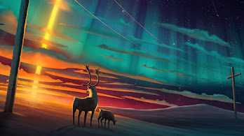 دانلود والپیپر شفق قطبی و گوزن شمالی Night Sky Aurora Raindeer