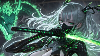 دانلود والپیپر دختر انیمه نینجا با کاتانا و اژدها Anime Girl Ninja Katana Dragon