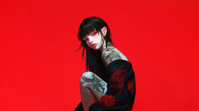 دانلود والپیپر دختر انیمه چشم قرمز خالکوبی Anime Girl Red Eyes Tattoo