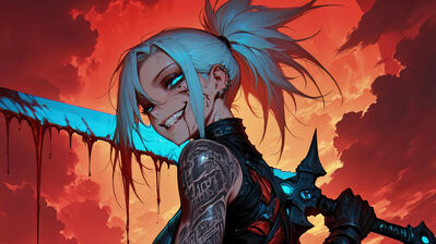 دانلود والپیپر دختر انیمه خالکوبی و شمشیر Anime Girl Tattoo Sword Warrior