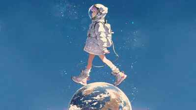 دانلود والپیپر دختر انیمه فضانورد سیاره Cute Anime Girl Astronaut Space Planet