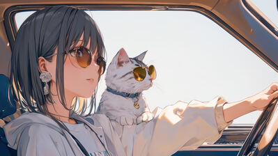 دانلود والپیپر دختر انیمه گربه و عینک رانندگی Anime Girl Cat Sunglasses Driving