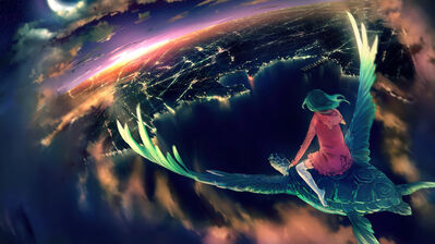 دانلود والپیپر دختر انیمه با لاک‌پشت پرنده Anime Girl Flying Turtle Night City