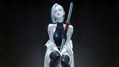 دانلود والپیپر دختر انیمه کاتانا و مو سفید Anime Girl Katana White Hair
